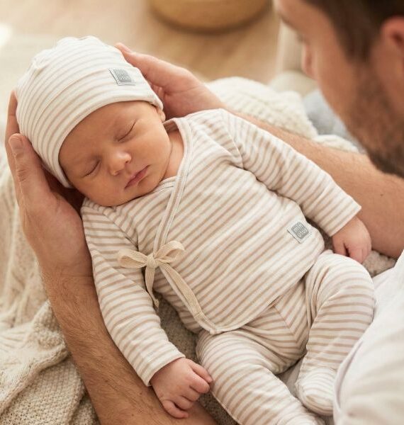 Set di 3 capi di abbigliamento per neonati | Cappellino, maglietta kimono e gambali con piedini a righe beige e Sabbia Unisex