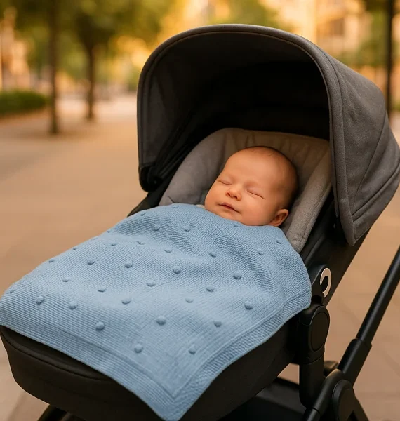 Coperta per neonati  lavorata a maglia con pompon in rilievo