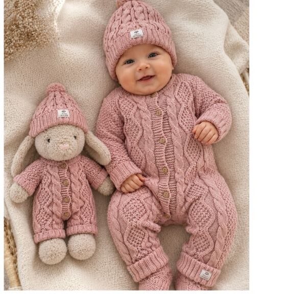 Completo per neonati in maglia a treccia con cappellino e scarpine – 3 pezzi