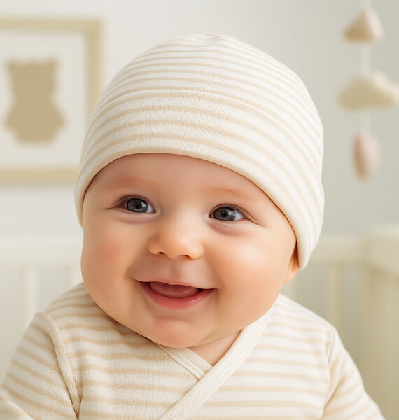 Cappellino per neonati  a righe beige e sabbia