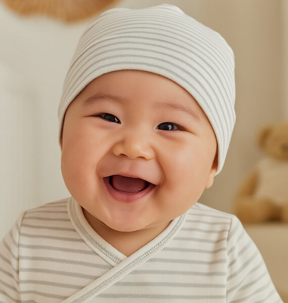 Cappellino per neonati  a righe beige e grigie