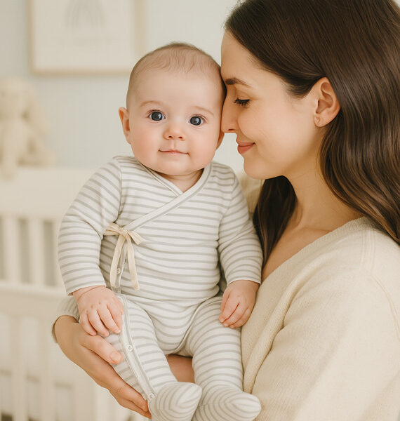 Tutina intera per neonati in cotone biologico a righe beige e grigie