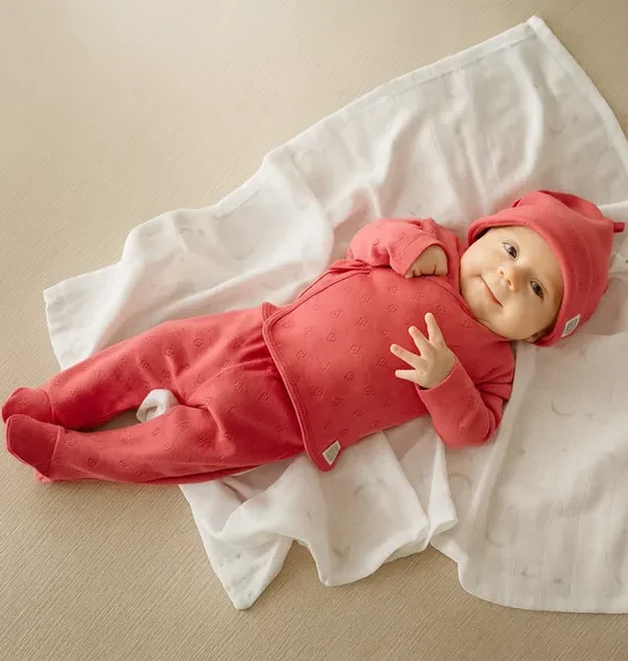 Completo 3 pezzi con ghettina e maglioncino incrociato traforato con cuori 100% cotone neonato Fucsia