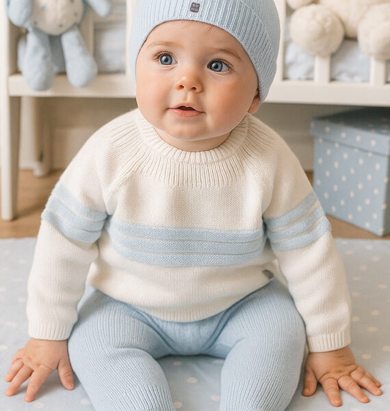 Completo neonato in maglia grezzo e azzurro 100% cotone con o senza cappellino