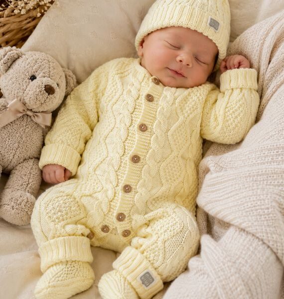 Completo per neonati in maglia a treccia con cappellino e scarpine – 3 pezzi