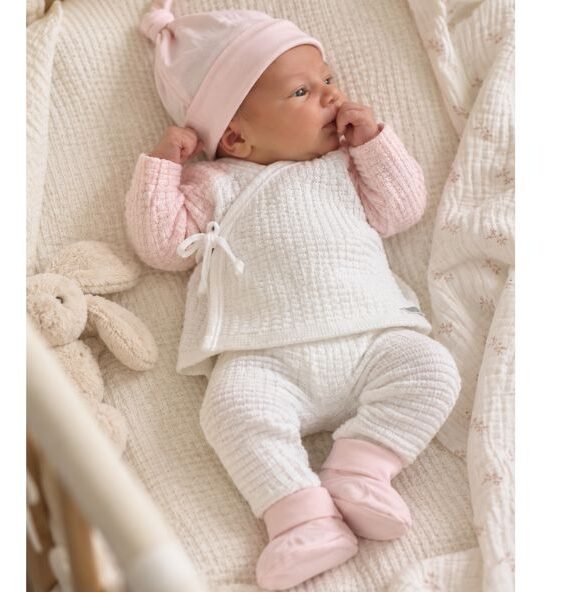 Set di prima vestizione per neonati Ado – 4 pezzi, bianco e rosa, 100% Cotone