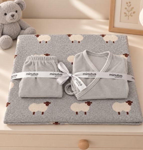 Confezione regalo per la nascita con copertina con motivazione pecorelle e set in velluto