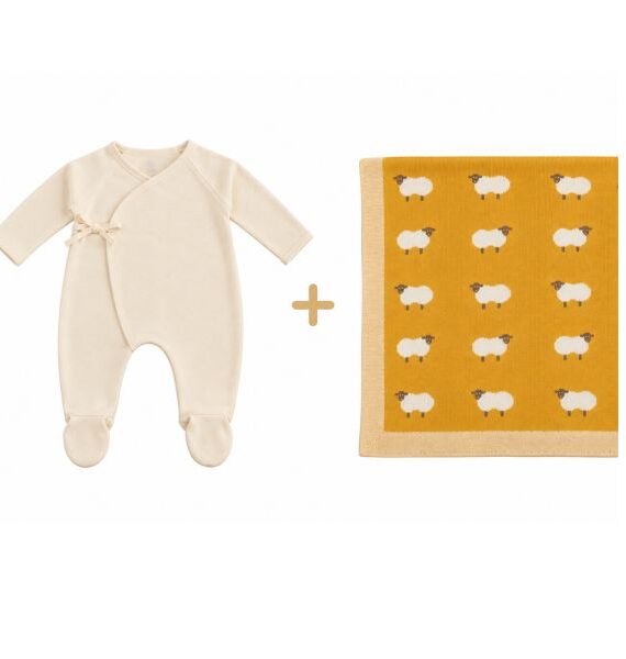 Confezione regalo per neonati 3-6 mesi – Set composto da tutina incrociata e copertina con motivazione pecorelle    100% cotone